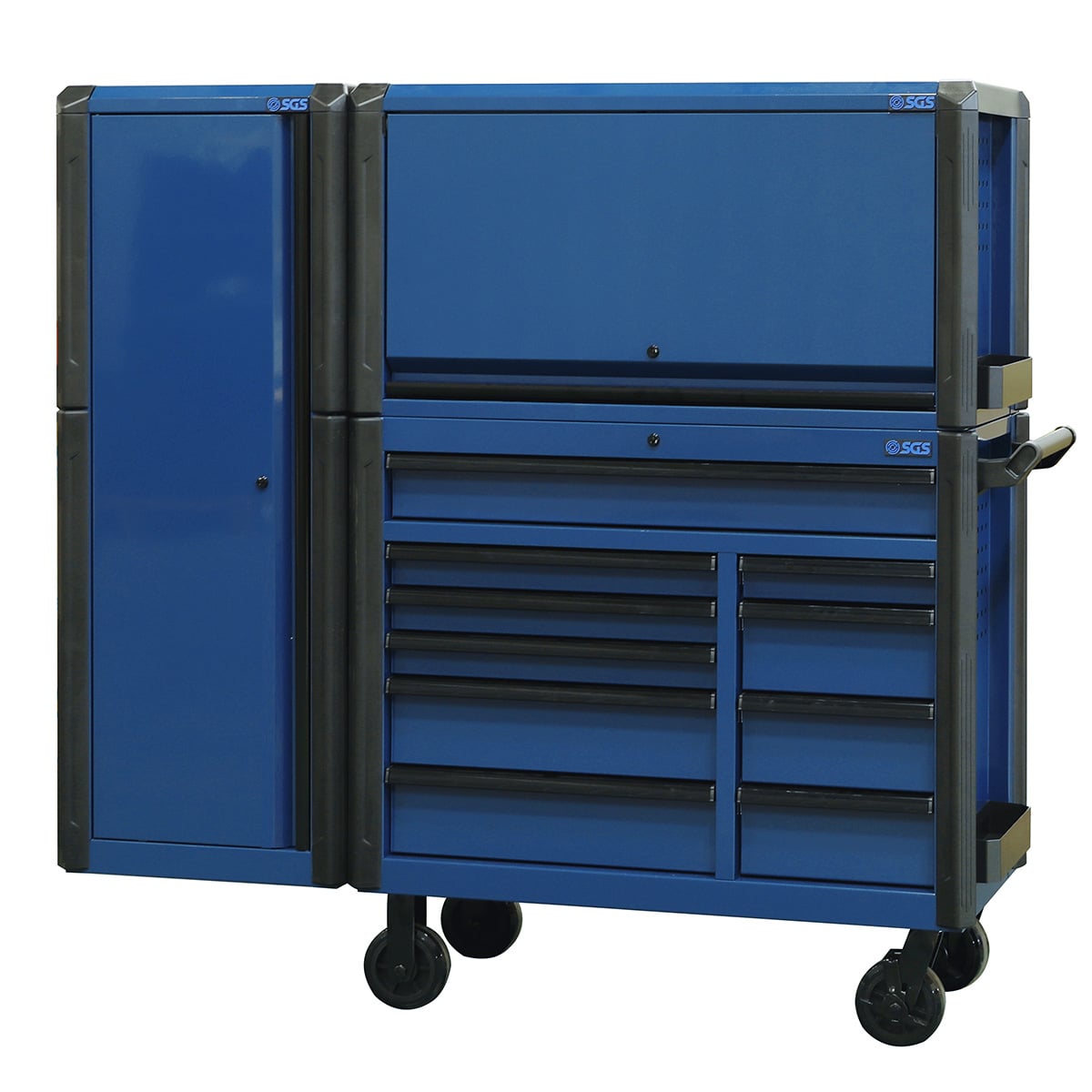 SGS 44in Roller Cabinet with Top Hutch and Side Cabinet- 10 Drawers- Blue